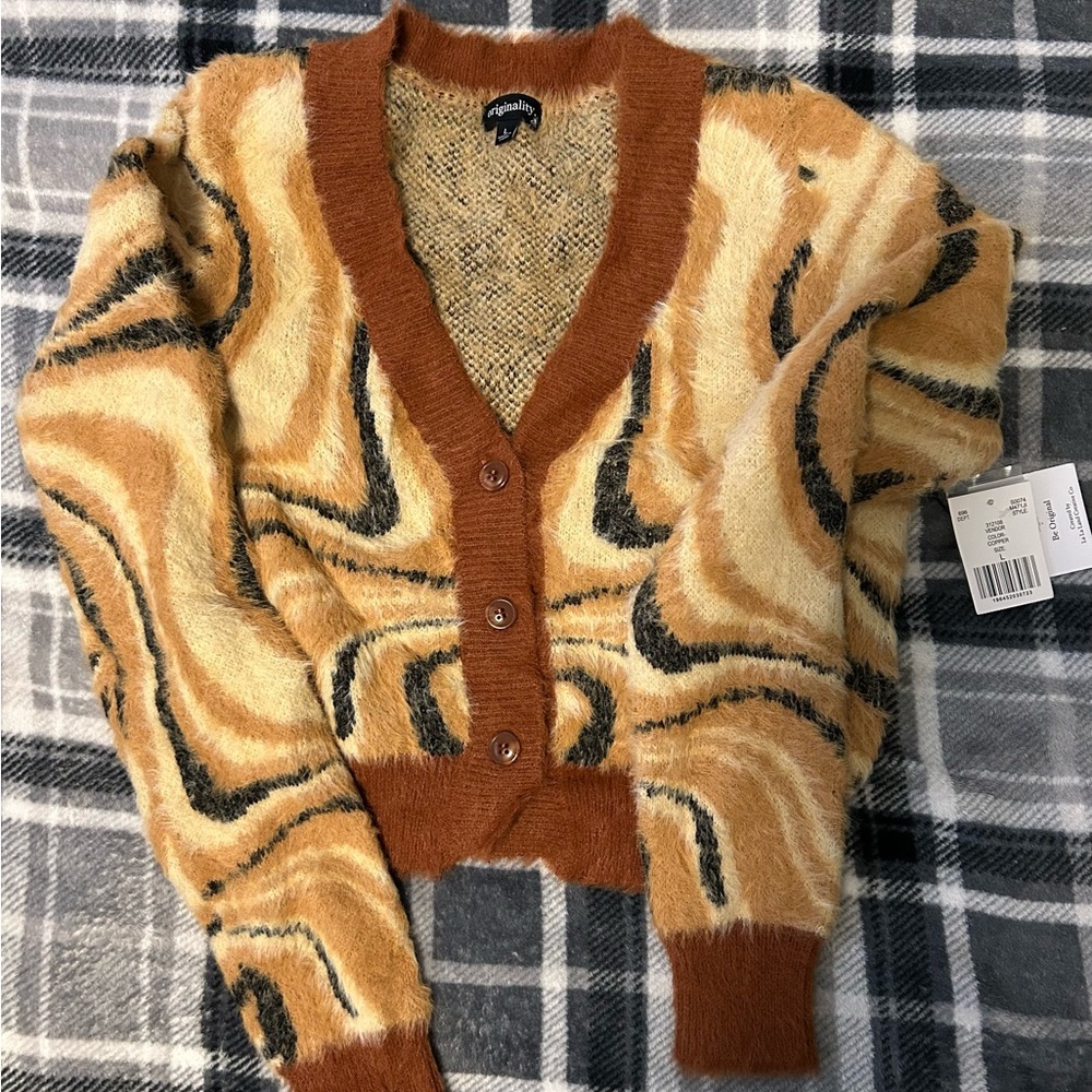 Abstract Tiger Print V-Neck Cardigan with Brown Trim